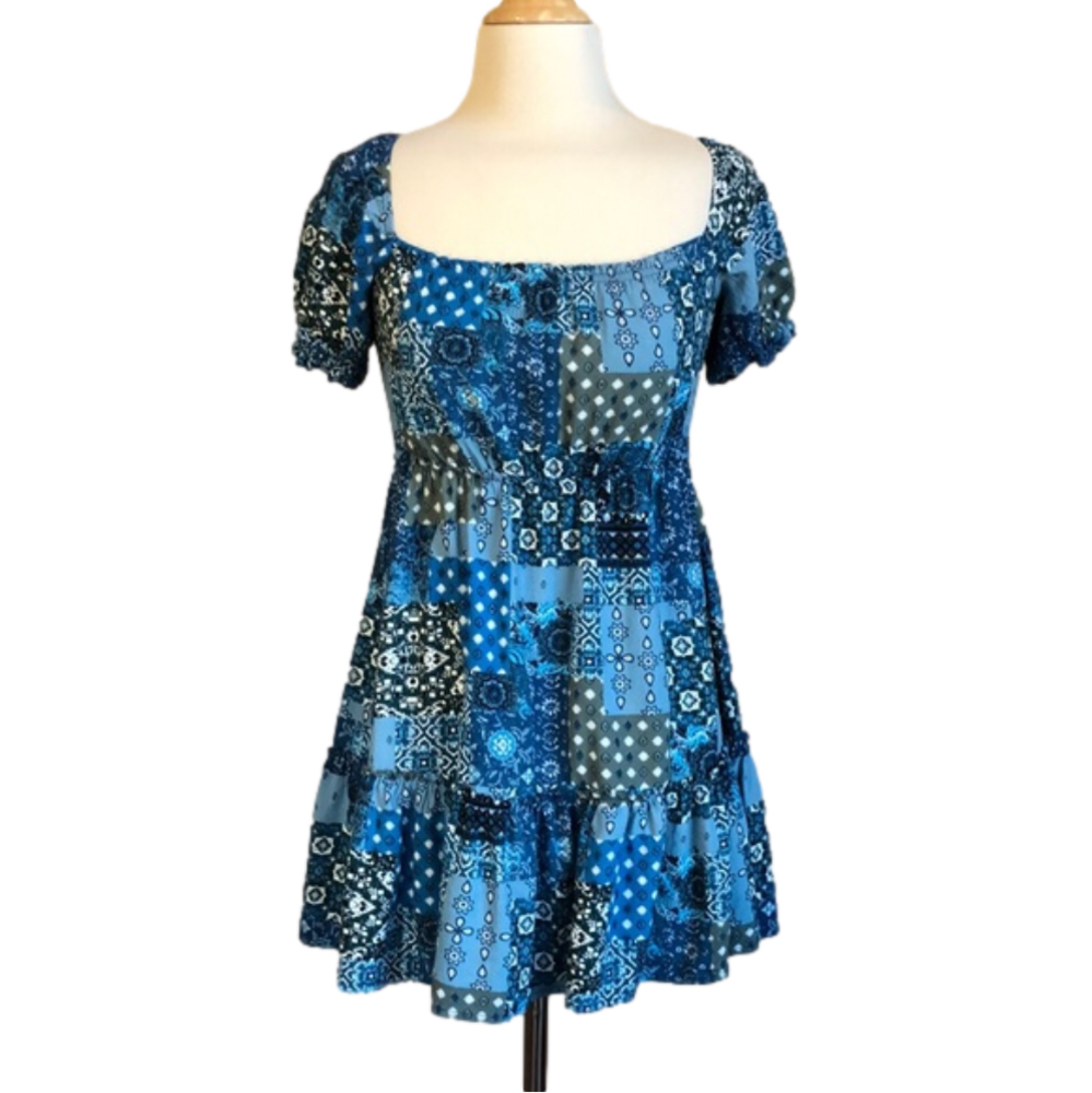 Juniors Small REWIND Blue Patchwork Print Linen Blend Milkmaid Puff Sleeve Dress